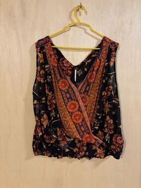 Free People Black Floral Wrap V-Neck Tank with Rust and Navy Accents